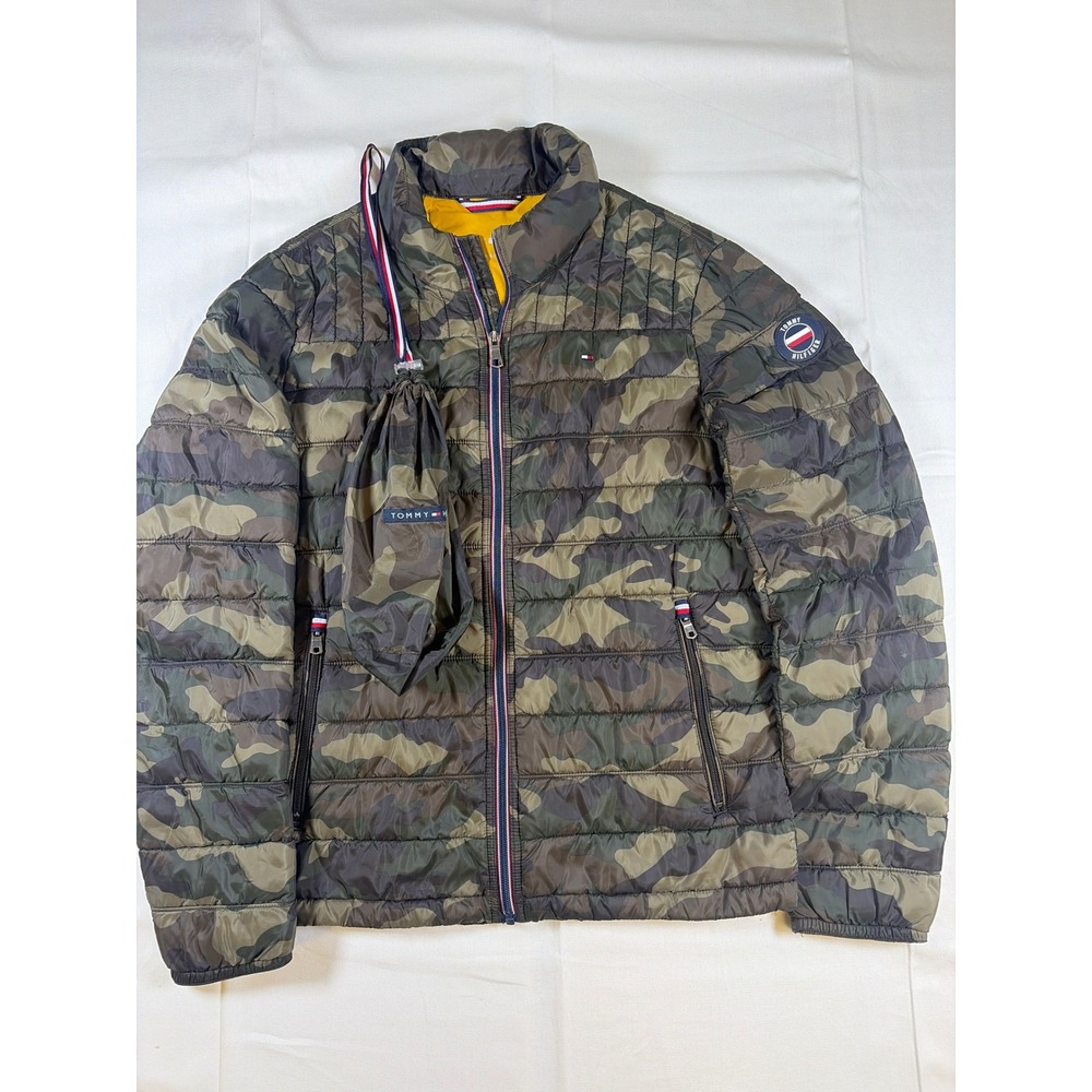 Tommy Hilfiger Mens Camo Packable Puffer Jacket Green Yellow 15JLK014 Small